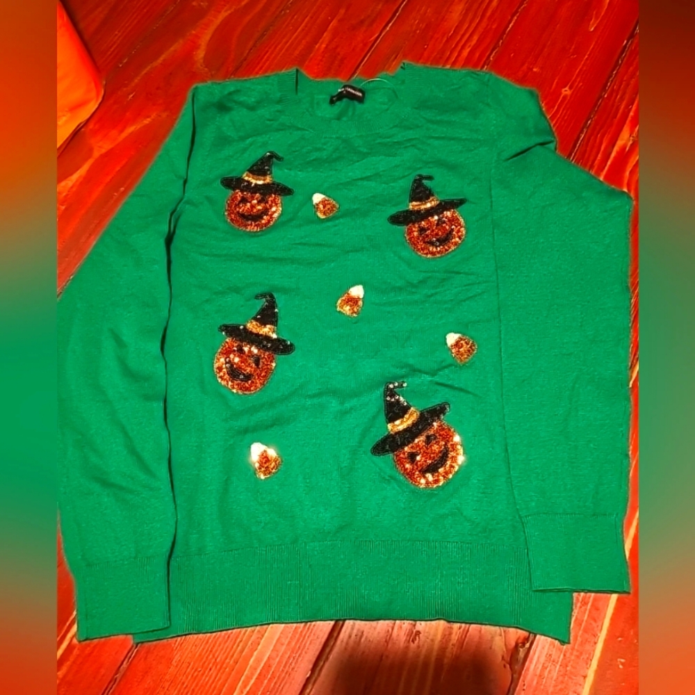 Victoria Harbour Green Pullover Sweater Halloween Sequin Pumpkins, Candy Corn